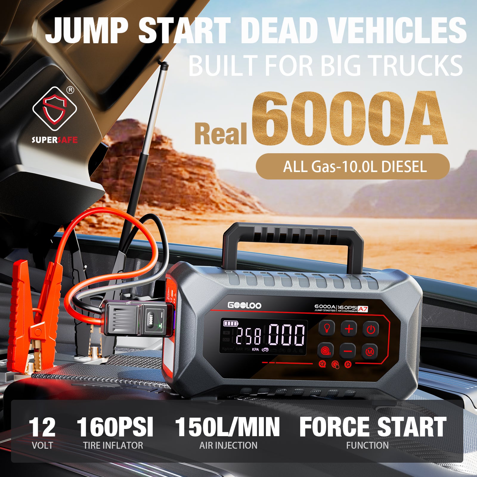 GOOLOO A7 6000A Supersafe Jump Starter with Air Compressor and Air Pump