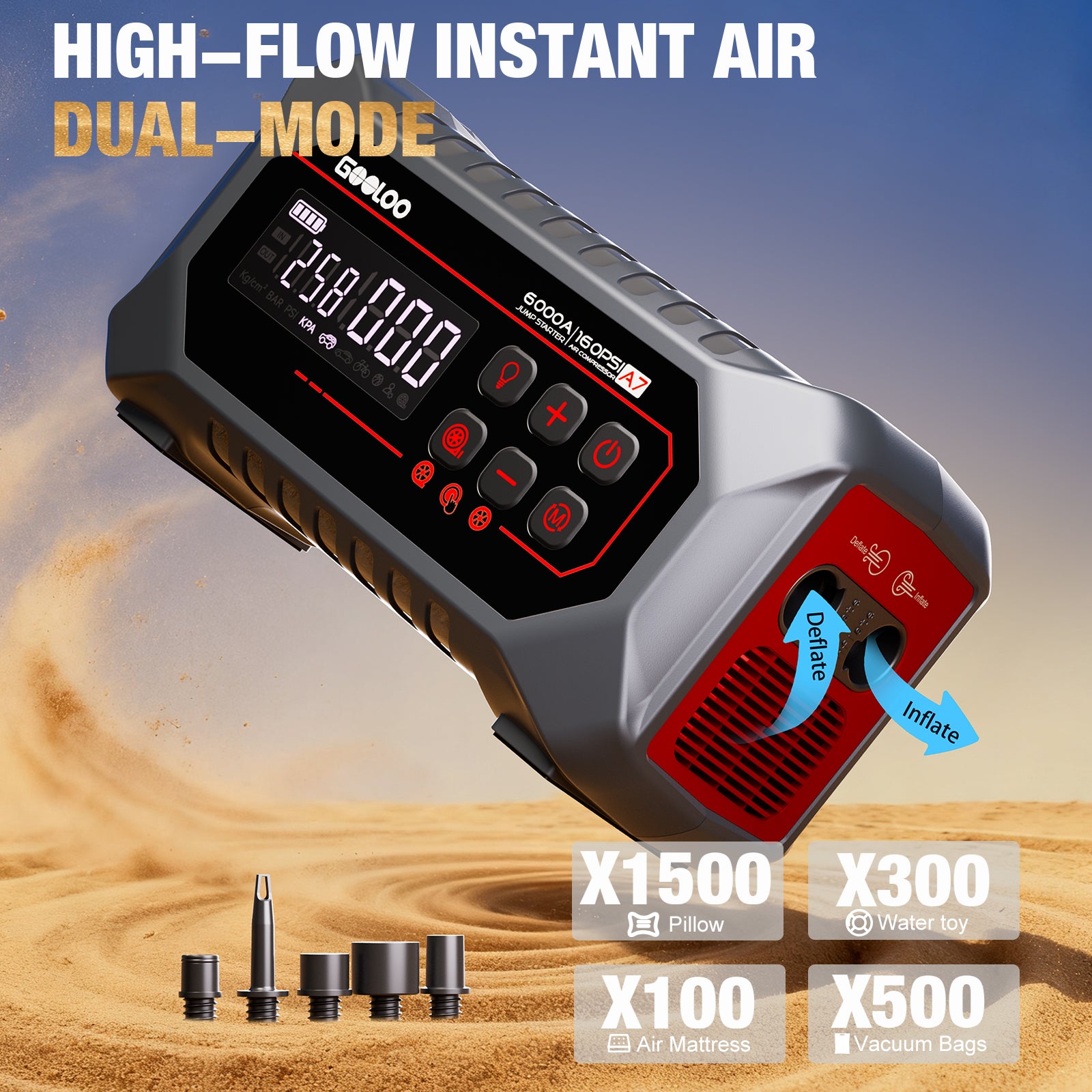 GOOLOO A7 6000A Supersafe Jump Starter with Air Compressor and Air Pump
