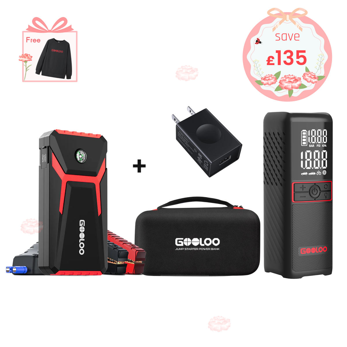 GOOLOO GE1500 Jump Starter+GT160 Tire Inflator+15W Charger+EVA Box